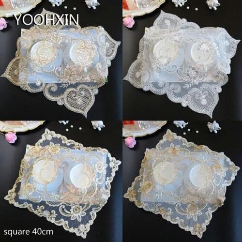 Luxury Lace gold square 40cm Embroidery table place mat Christmas pad Cloth placemat cup napkin coaster doily kitchen tableware