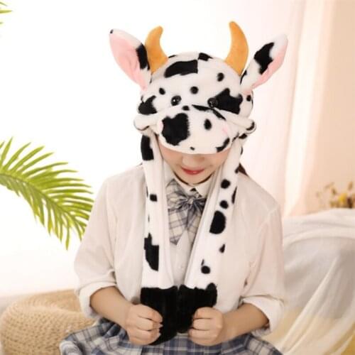 Children Kids Cute Milk Cow Animal Plush Hat with Moving Ears Winter Fluffy Warm Stuffed Beanie Earflap Cap Scarf Cosplay Party