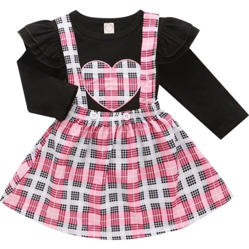 Newborn Baby Girl’s Skirt Two Pieces Suit Sweet Heart Pattern Long Sleeve T-shirt and Plaid Suspender Skirt 2020 Autumn