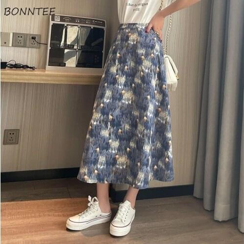 Skirts Women Print French Oil-painting Art Style Casual High-waist A-line Girls Chic Trendy Korean Elegant Lady All-match Female