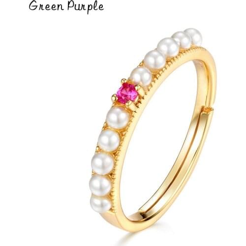 Green Purple NEW 925 Sterling Silver Pearl Rings Red Corundum Gemstone 18k Gold Plated Vintage Luxury Fine Jewelry For Women