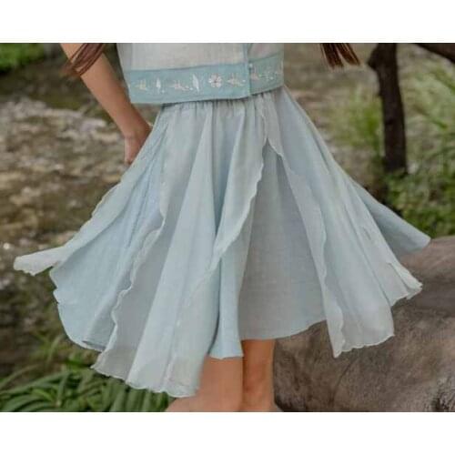 Green River Stream Womens Chinese Style Green Chiffon & Linen Asymmetrical Hem Skirt Mori Girl Short Skirt