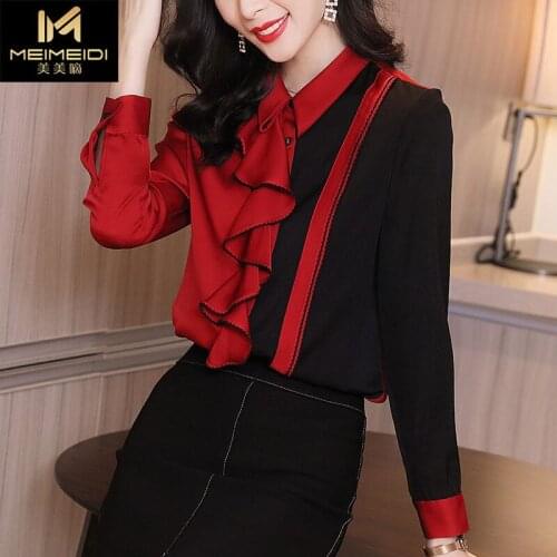 Blouse Women Shirt Womens Long Sleeve Autumn and Winter Ruffles Patchwork Top Blusas Mujer De Moda