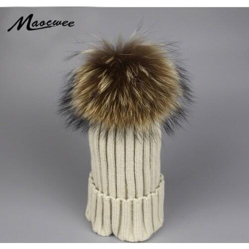 2018 women fur Pompon hat for winter knitted wool beanies cap fluffy fur pompom hats brand new fashion casual caps good quality