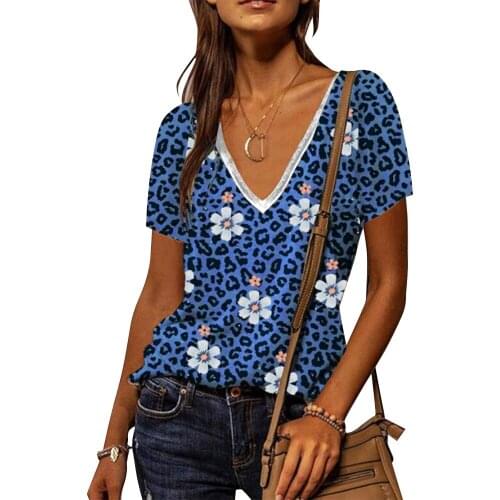 Women Leopard Print Short Sleeve T Shirts Plus Size V-Neck Female Casual Tops Summer Floral Graphic Fashion Street Tees Tops D30