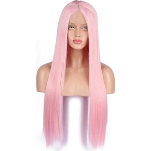 ZM High Temperature Fiber 24inch Cheap Long Pink Lace Front Wigs Synthetic Hair Wigs Natural Middle Part Straight Wigs For Women