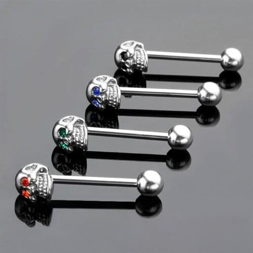 1Pcs 4 Colors Barbell Piercing Body Jewelry 316L Stainless Steel CZ Gem Punk Skull Tongue Ring for Women Fashion Jewelry