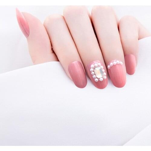 24pcs Pearl Nail Patch Rhinestone Inlaid Glue Type Removable Mid Length Paragraph Fashion Manicure False Nail Patch Nail Art