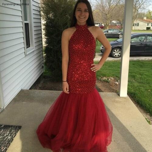 Sparkling Halter Tulle Mermaid Prom Dress Sequins Beaded Long Sweep Train Evening Party Gown Custom Made Plus Size