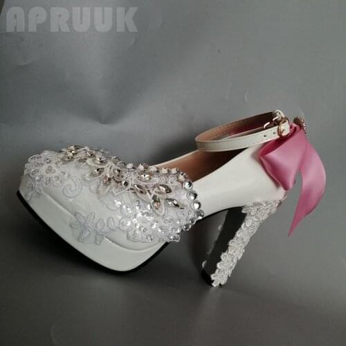 Block 11cm high heels platforms pumps shoes woman pink satin bow butterfly-knot ankle straps crystal wedding party shoes
