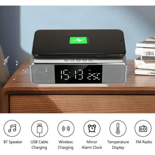 Digital Mirror Alarm Clock with BT Speaker & FM Radio & Temperature Display Electronic Desktop Clock for Phone Wireless