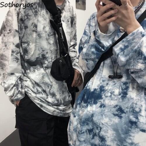 Harajuku Long Sleeve T-shirts Women Couples Tie Dye Panelled Hip Hop Retro Baggy Fashion Causal Oversize Tees Spring Chic Tops