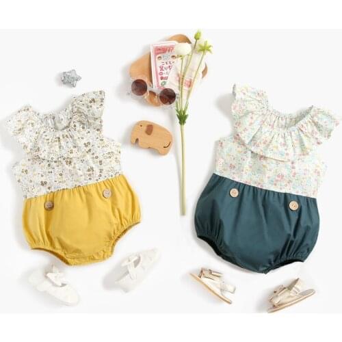 Baby Costume Newborn Baby Girls Clothes 2021 Summer New Casual Short Sleeve Pure Cotton Floral Print Soft Bodysuit 2 Colors