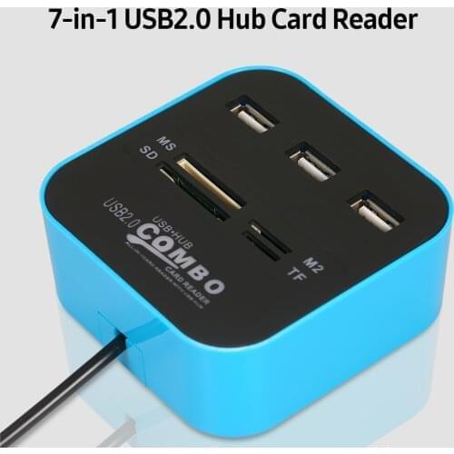 7-in-1 Multifunctional USB2.0 Hub Converter Card Reader with 3 USB2.0 Expansion Ports TF/MS/M2 Card Slots USB2.0 Hub