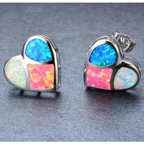 Fashion Women Earrings Heart Shaped Fire Opal Stud Earring Blue Colorful Jewelry Wedding Girl Christmas Gift
