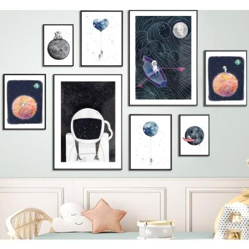 Cartoon Space Astronaut Moon Sun Planet Art Canvas Painting Nordic Posters And Prints Wall Pictures For Kids Room Nursery Decor