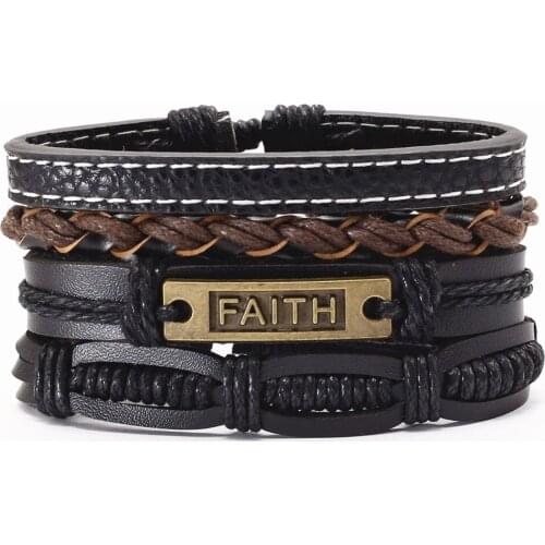 Handmade Weave Black Brown Leather Men Bracelets For Women Bangles Cross Fish Hooks Bronze Faith Charm Factory Outlet Jewelry