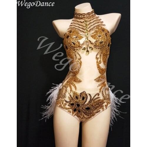 New Flashing Gold Rhinestones Halter See Through Mesh Bodysuit Feather Tail Outfit Birthday Celebrate Nightclub Singer Dance