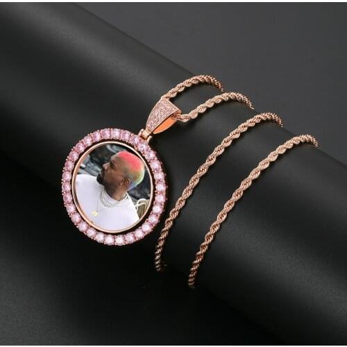 Luxurious Custom Made Photo Necklaces Cubic Zircon Round Pendants Necklace Rotatable Double Sided Collier Men' Gifts Jewelry
