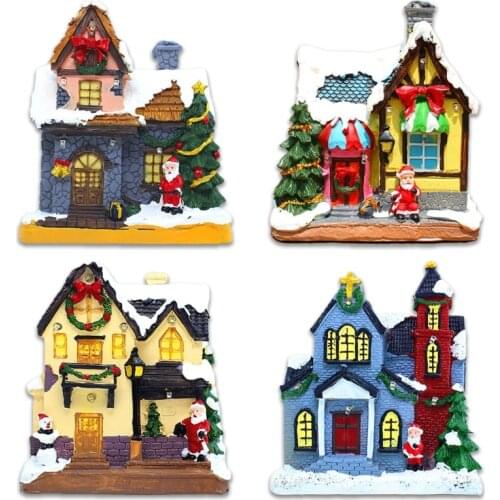 R7RC Christmas Scene Village Church Lit House with Santa Claus Battery Operated LED Lighted Buildings Resin Ornament Decor