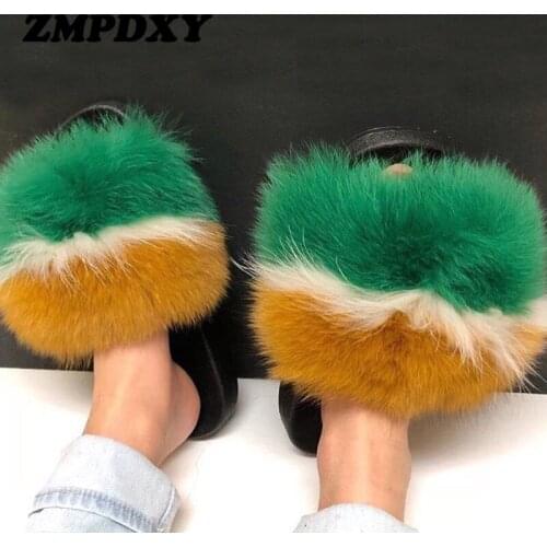 Cute Fluffy Color Real Fox Fur Slides Women Home Indoor Flat Slippers Plush Furry Raccoon Fur Slippers Summer Beach Flip Flops