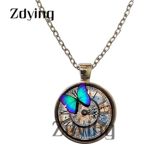 Zdying Vintage Steampunk Clock Necklaces Butterfly Dragonfly Pattern Glass Cabochon Charm Necklace Punk Jewelry Gift CA009