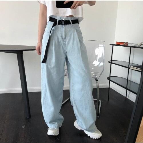 Woman cotton long straight bright blue oversized jeans