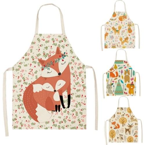 Kawaii Fox Printed Sleeveless Aprons Kitchen Women Cotton Linen Animal Pinafore Home Cooking Baking Waist Bib 66x47cm