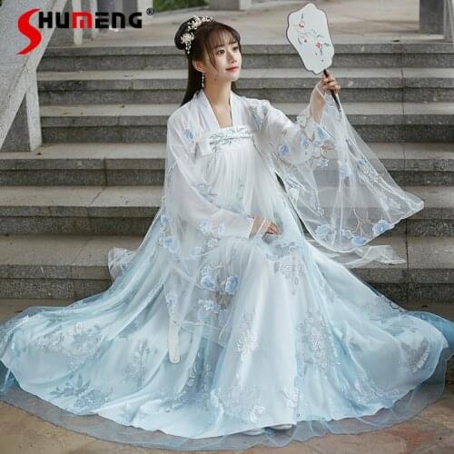 Womens Hanfu Ancient Costume Chinese Clothing Creative Hot Silver Blue Dress Super Fairy Costumes Big Flare Sleeve Dresses