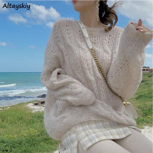 Pullover Women Oversize Hollow Out Sweater Long Sleeve O-neck Knitted Knitwear Casual Spring Autumn 2021 New Female Clothing Ins