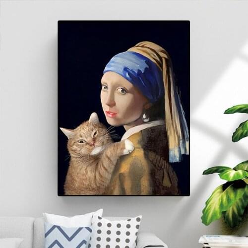 Famous Canvas Paintings Cat Girl With A Pearl Earring Oil Painting Posters and Prints Classic Portrait Picture For Home Decor