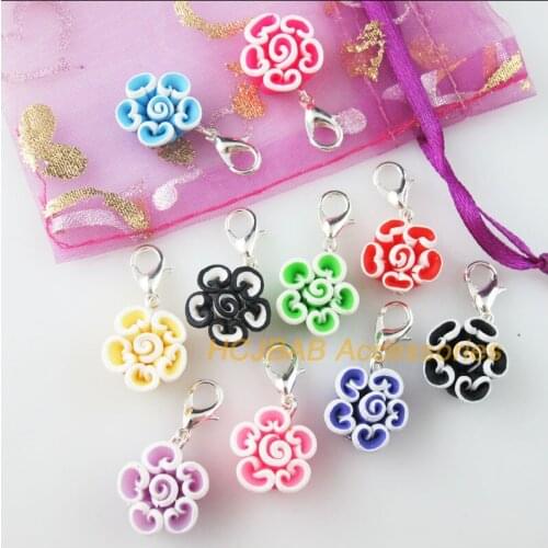 10Pcs Mixed Clay Heart Flower Charms Silver Plated With Clasps 15mm