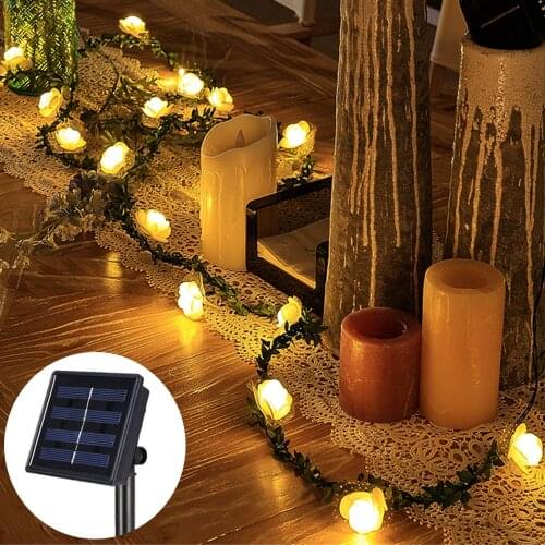 100/50/30/20leds Solar Ribbon Rose Flower String Light 12-5m Leaf Vine Rose Garland Lamp for Wedding Christmas Garden Decoration