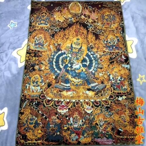 Antique Collection Tibetan Buddha Statue Silk Embroidery Nepal Golden Silk Thangka Portrait Guardian Great Weed King Kong