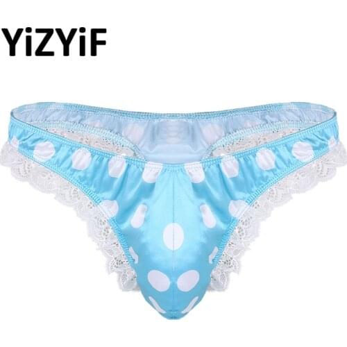Bikini Thong Underwear Mens Lingerie Shiny Low Rise High Cut Ruffle Lace Polka Dots Bikini G-string Thong Underwear Swimsuit