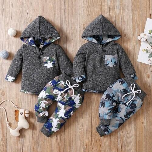 0-4Y Infant Kids Baby Boy Long Sleeve Pullover Hooded Tops Cartoon Dinosaur Long Pant Trouser 2PCS Autumn Clothes Set