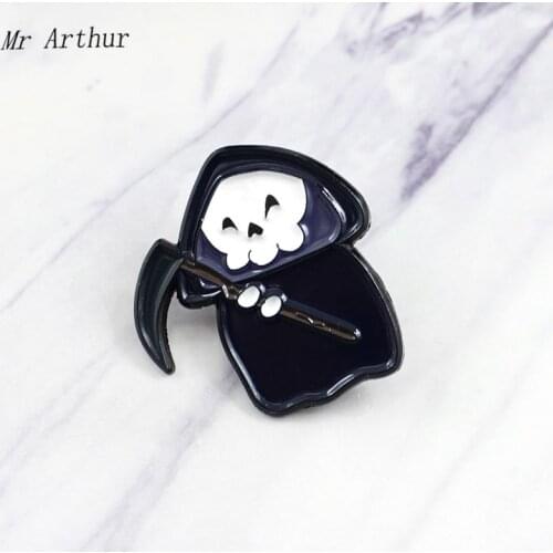 Cute Cartoon Death Enamel Pin Holding Scythe Skeleton Badge Brooch Backpack Clothes Lapel Pin Cute Jewelry Gift for Friends