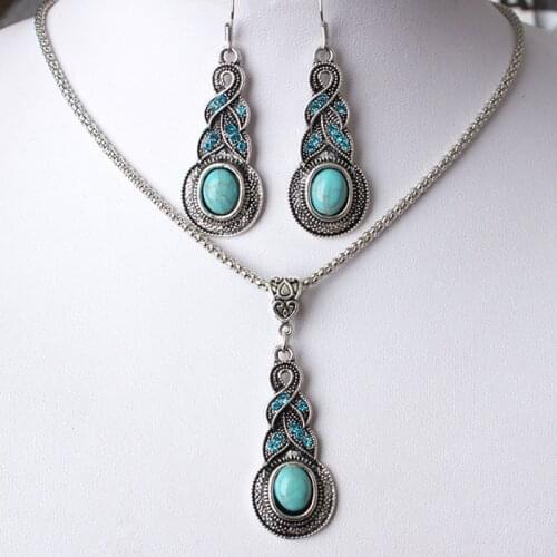 Hot Sale Fashion Jewelry Ethnic Blue Stone Jewelry Sets Tibetan Silver Color Necklace Earrings For Women Bijoux wholesale