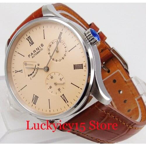 PARNIS 42mm Power Reserve Self Winding Men Wristwatch Date Dial Leather Band Stainess Steel Case