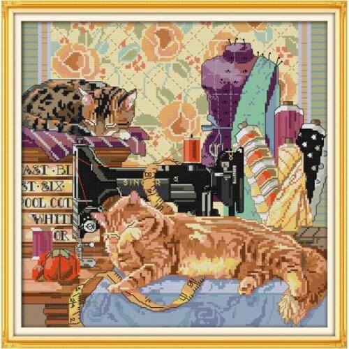 The cat and sewing machine cross stitch kit 14ct 11ct pre stamped canvas embroidery DIY handmade needlework