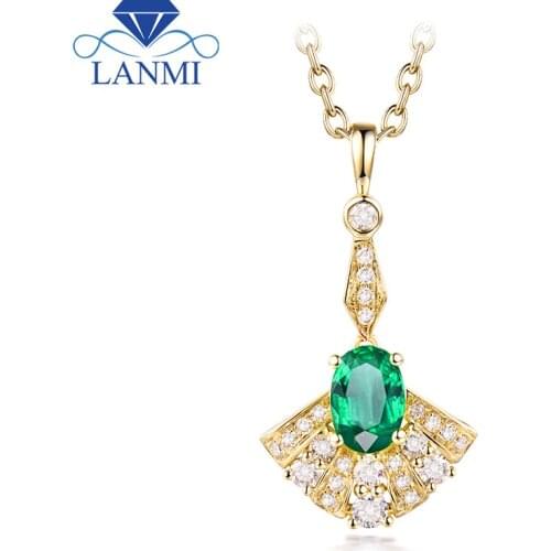 Natural Diamond Gemstone Jewelry Good Quality Emerald Pendant Necklace in Solid 14K Yellow Gold Wholesale for Women