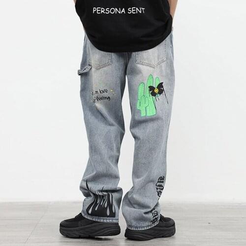 2021 New High Street Retro Cactus Embroidery Jeans for Men and Women Graffiti Distressed Straight Loose Casual Denim Trousers