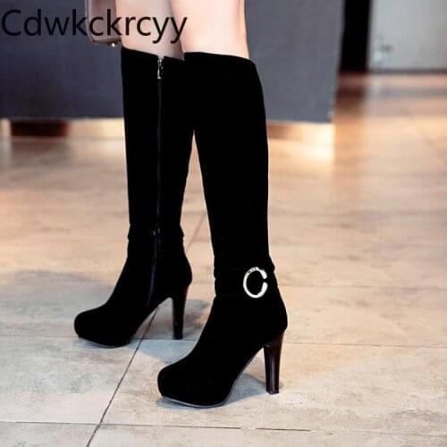 Winter The New fashion Round head Side zipper Fang He Knee Women boots black Sexy Plus velvet Keep warm High heel Women boots