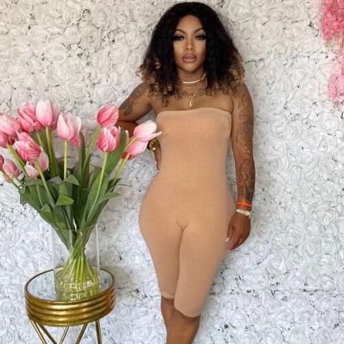 Solid Casual Jumpsuit for Women Summer 2021 Bodycon Rompers Shorts Strapless Playsuits Club Party One Piece Outfits Body Suit