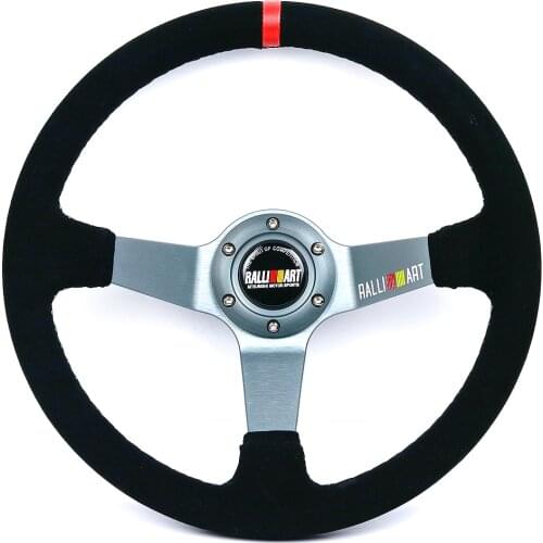 Grey RALLIART 350mm/14inch Black Suede Leather Deep Dish Steering Wheel