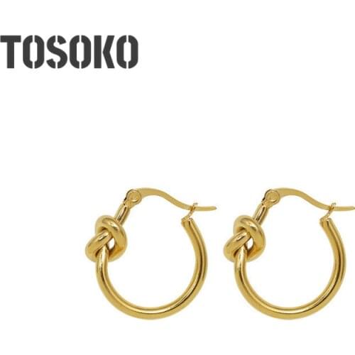 TOSOKO Stainless Steel Jewelry Knot Circle Earrings 18 K Golden Womens Simple Earrings BSF497