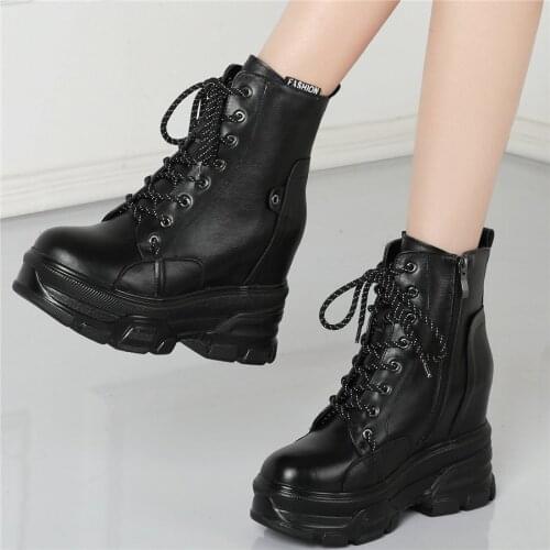 Fashion Sneakers Women Lace Up Genuine Leather High Heel Platform Pumps Shoes Female High Top Round Toe Ankle Boots Casual Shoes