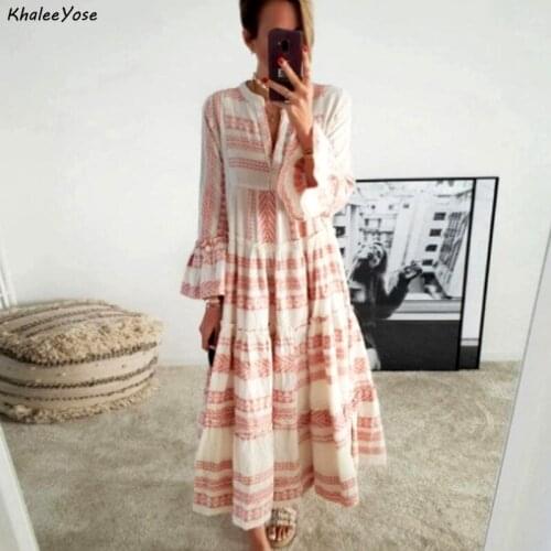 KHALEE YOSE Vintage Pink Floral Maxi Dresses Autumn Boho Women Dress Long Flare Sleeve Ruffles Plus Size 2xl 3xl Female Dress
