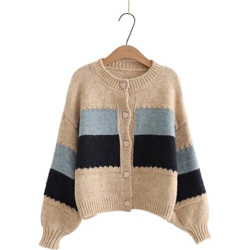 Color Block Patchwork Women Knit Cardigan 2021 Winter Single Breasted Knitwear Korean Fashion Sweet Warm Soft Jumpers Tops