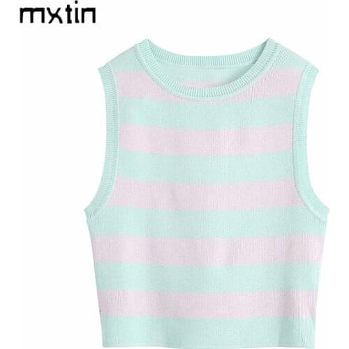 2021 Women Fashion Striped Cropped Knitted Vest Sweater O Neck Sleeveless Elasticity Female Streetwear Jumper Waistcoat Tops
